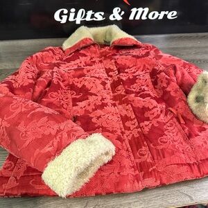 Ruffhewn Red Patterned Teddy Jacket with Cream Details. Woman’s medium